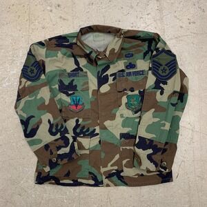 Vintage Military Jacket Mens Medium Short Coat Hot Weather Woodland Combat Patch